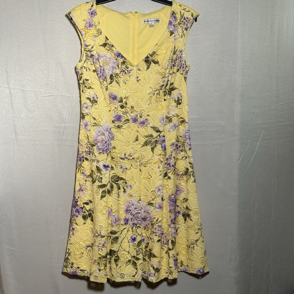 Madison Leigh Yellow Floral Lace Dress Womens Size 6 Sleeveless Fit Flare